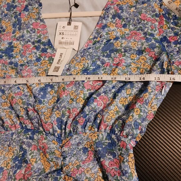 NEW Zara Ruched‎ Floral V-Neck Mini Dress Blue Multi 3/4 Sheer Sleeves Size XS - Picture 8 of 10
